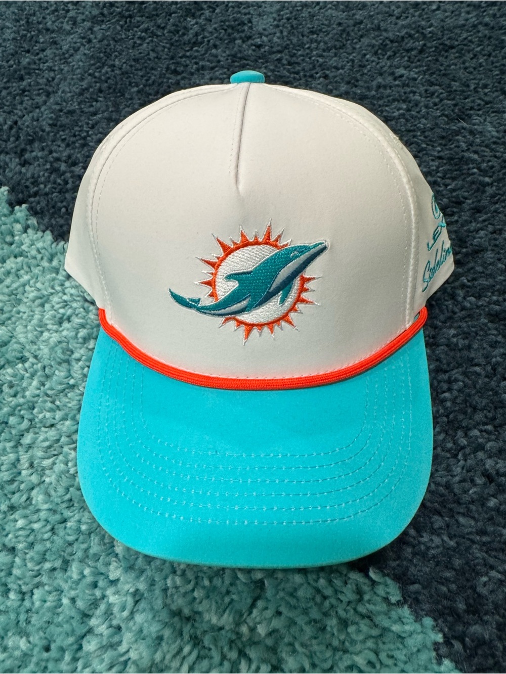 NFL Miami Dolphins White and Teal Snapback Hat with Orange Trim